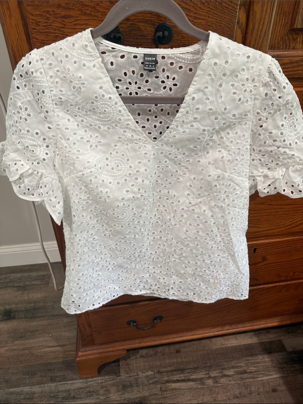 SHEIN White Eyelet V-Neck Ruffle Sleeve Blouse